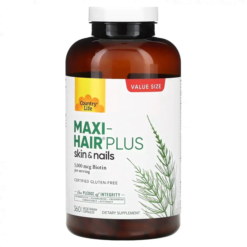 Country Life, Maxi-Hair Plus, 5000 мкг, 360 вегетарианских капсул-0