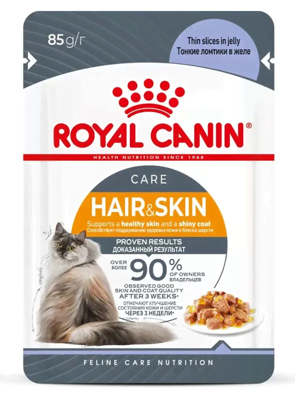 Royal Canin Hair&Skin Care влажный корм для взрослых кошек, для поддержания здоровья кожи и красоты шерсти, тонкие ломтики в желе, паучи