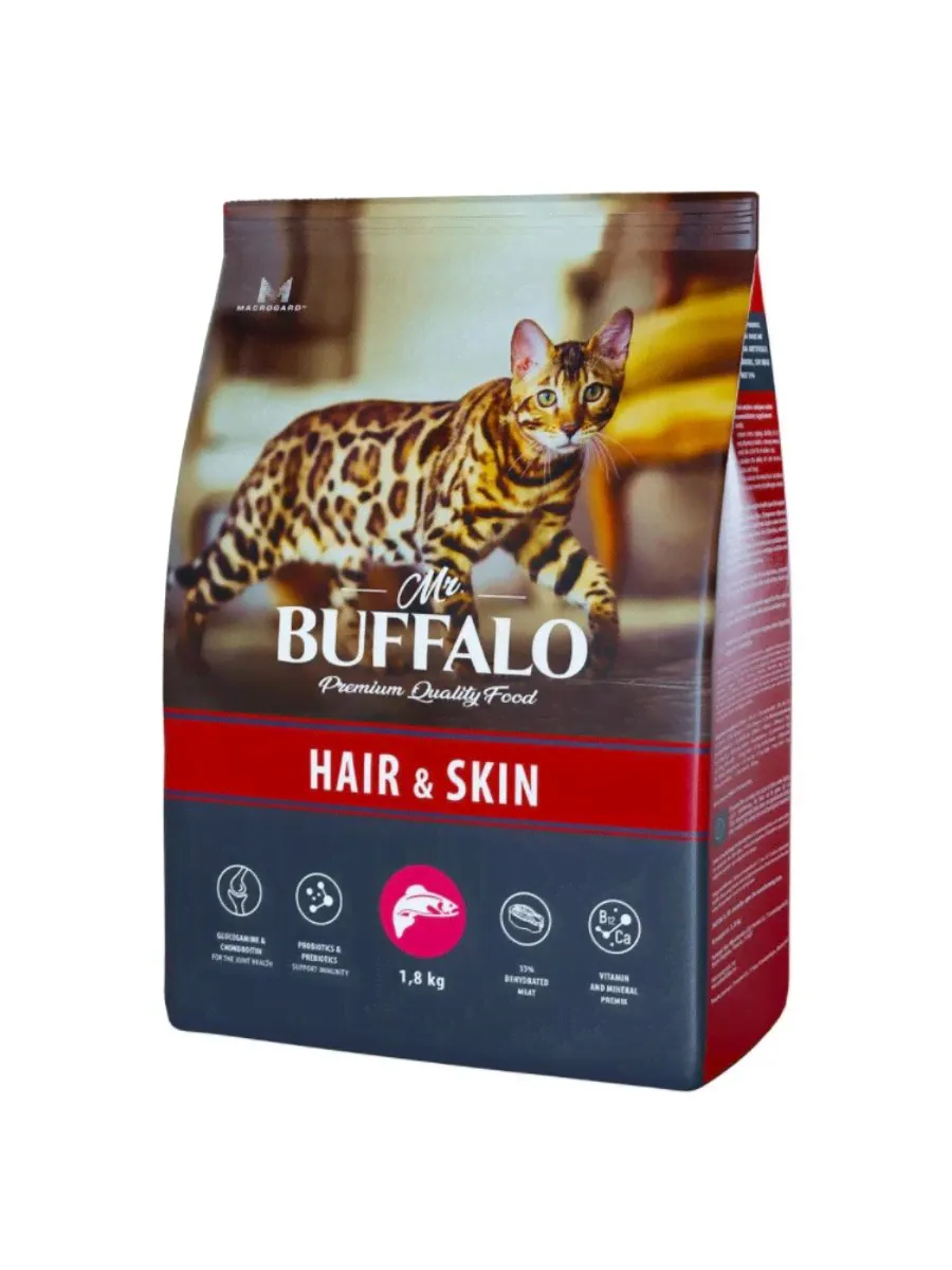 Сухой корм для взрослых кошек для поддержки кожи и шерсти Mr. Buffalo ADULT HAIR & SKIN с лососем 1,8 кг-0