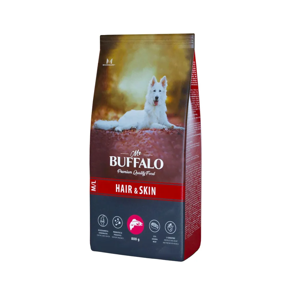 Mr.Buffalo M/L HAIR & SKIN CARE Сухой корм для собак средних и крупных пород, лосось, 800 гр