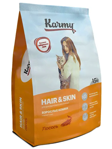 Karmy Hair & Skin сухой корм для взрослых кошек для здоровья кожи и шерсти c лососем - 1,5 кг-0
