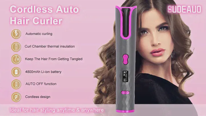 Cordless Automatic Hair Curler, Portable Wireless Curling Iron with LCD Display